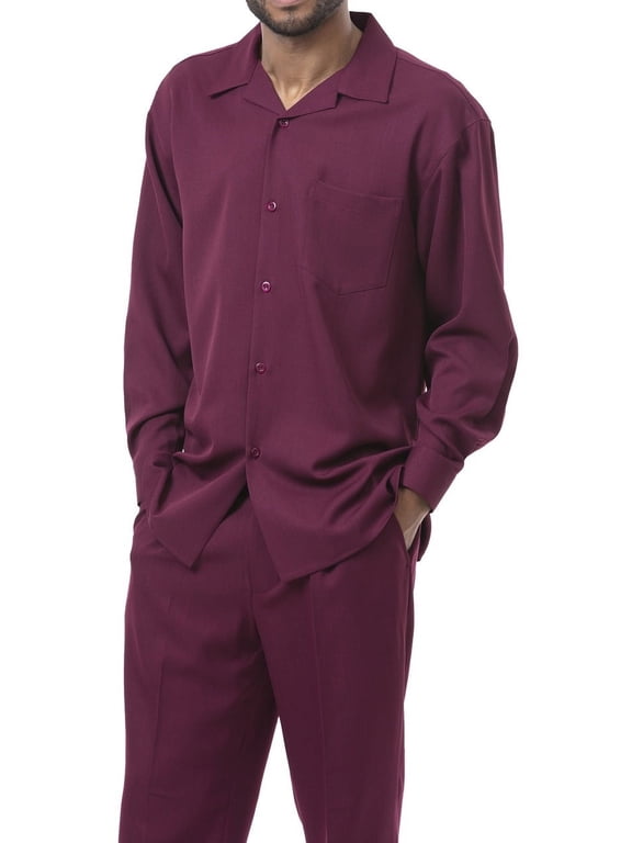Burgundy Solid 2 Piece Walking Suit Long Sleeve Shirt Men's Leisure Suit 1641
