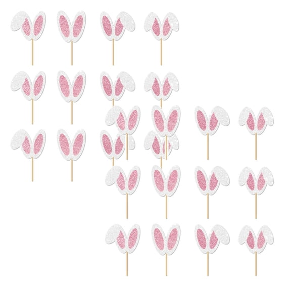 24Pcs Glitter Pink Bunny Ear Cupcake Toppers (2 Sets) - Pre-Assembled Rabbit Ear Cake Picks for Easter, Spring Birthday, Baby Shower & Woodland Party Decorations
