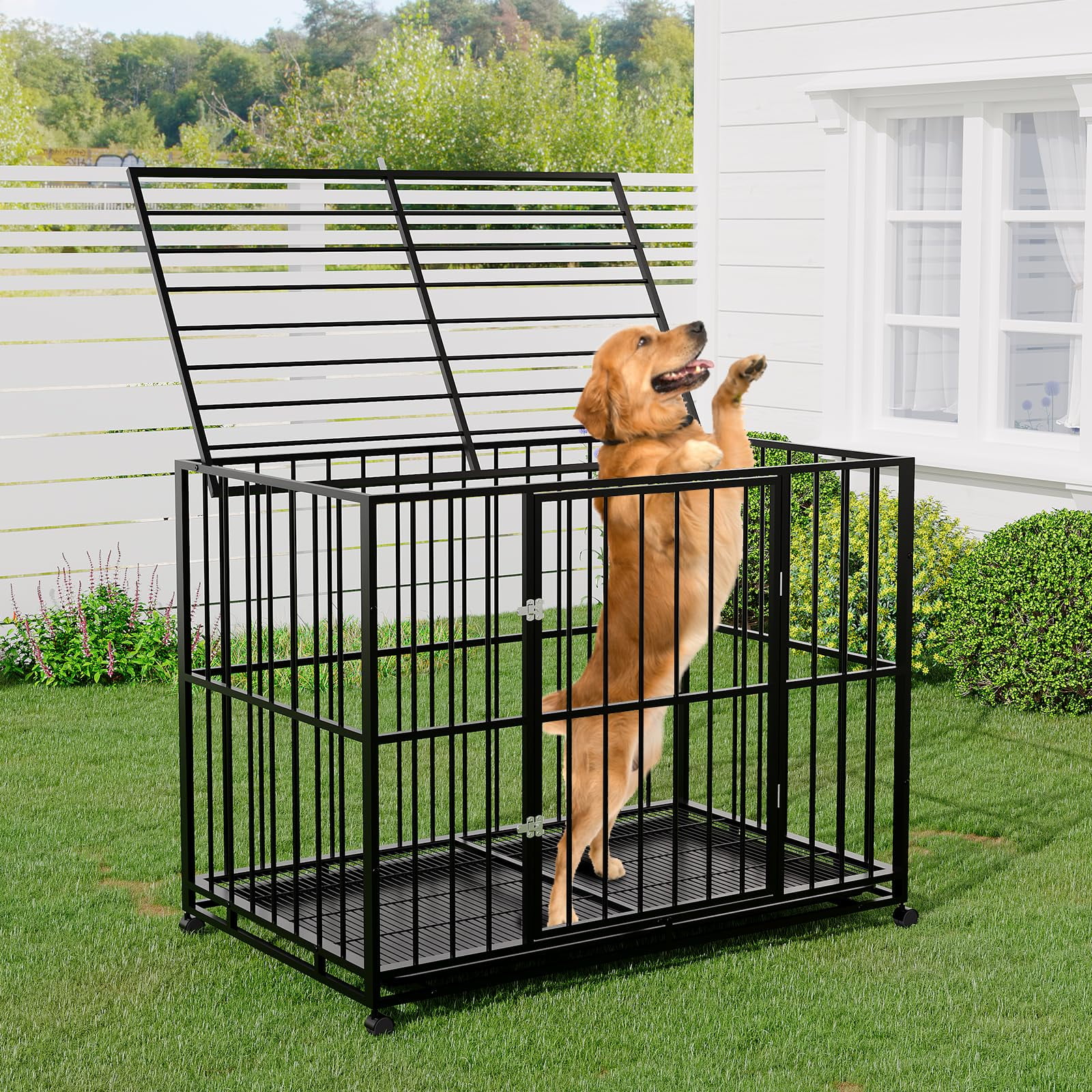 Huisuilinss Indestructible Dog Crate,Stainless Steel Dog Kennel Indoor,Stackable Escape Proof Dog Cage With Wheels,Double Door,Removable Tray For High Anxiety Dogs
