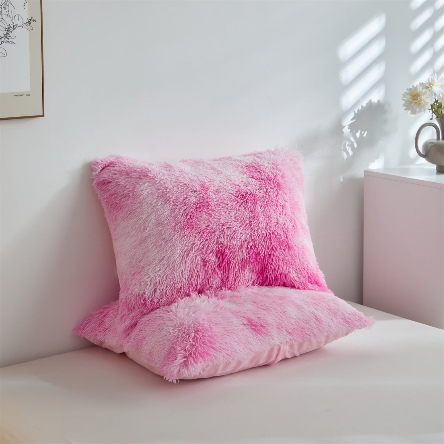 Wajade Plush Shaggy Comforter Set Fluffy Fuzzy Faux Fur Bedding Set - 3PC Microfiber Soft Warm Quilt Set(Pink White Tie Dye,Queen Size)