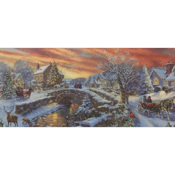 LPG Greetings Stone Bridge, Stream and Carriages in Old Fashioned Village Long Glitter Collection Box of 14 Christmas Cards