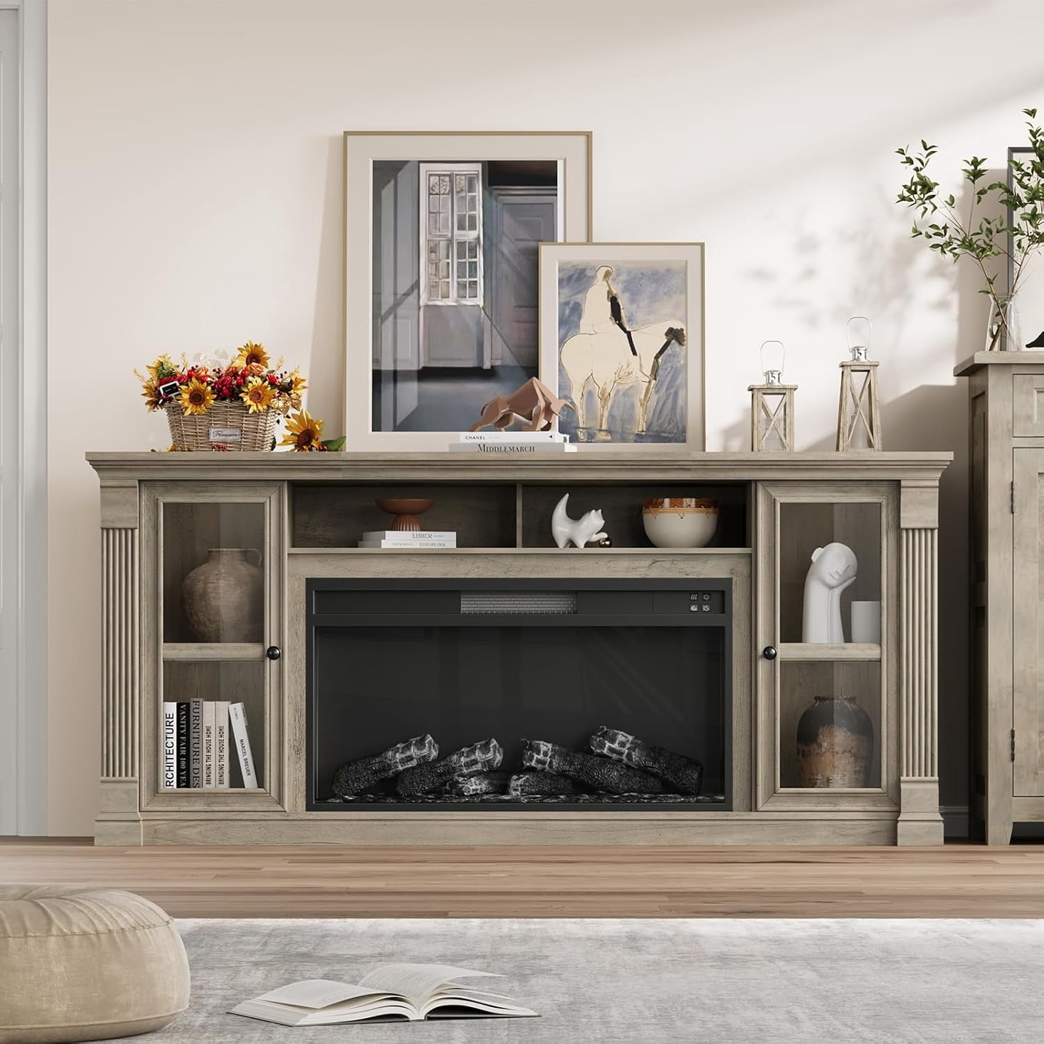 Vecenuy Farmhouse Fireplace TV Stand for 80" TVs, 70" Highboy Entertainment Center w/ 36" Electric Fireplace & LED Lights, Media Console w/ Adjustable Shelves for Living Room Gray