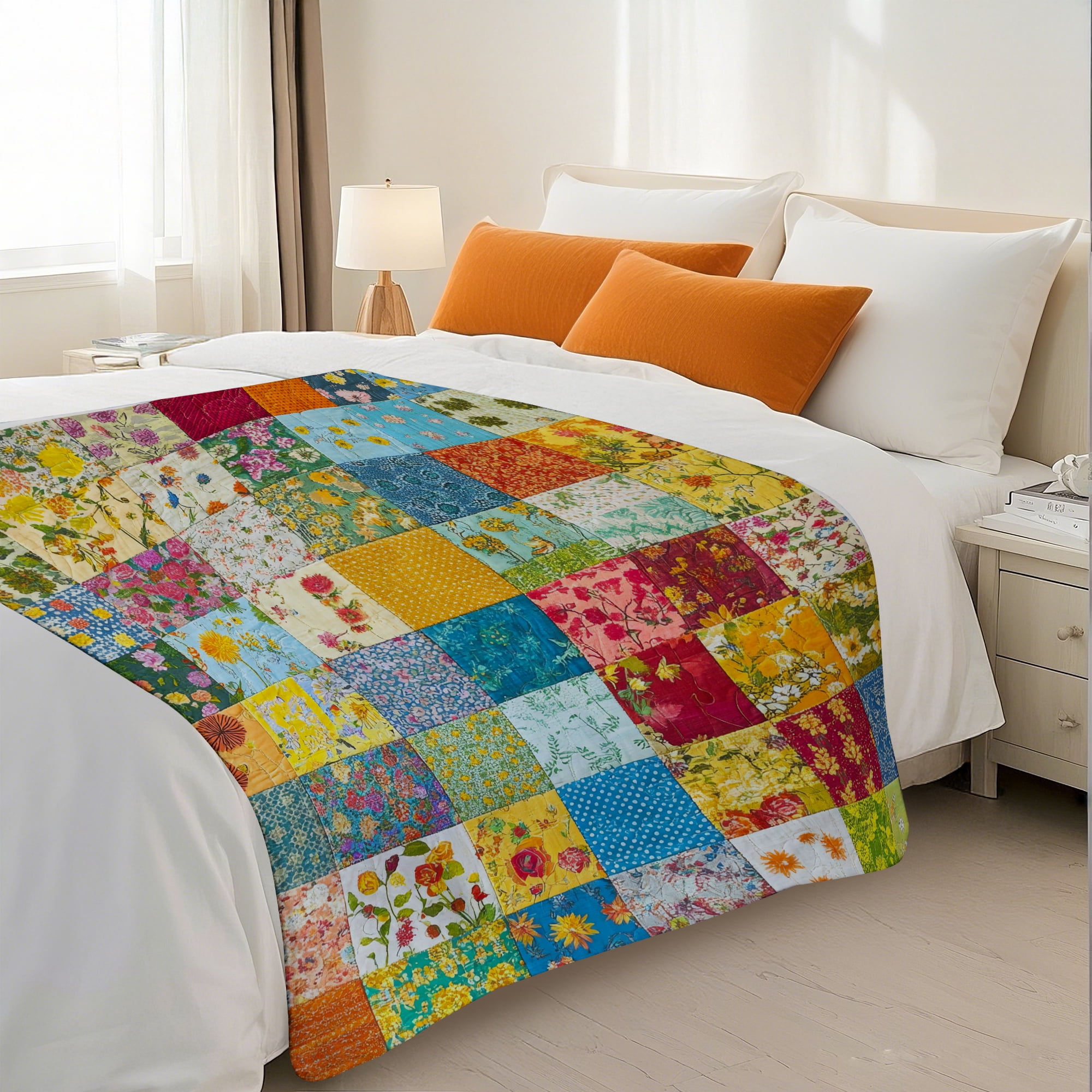 Sherpa Fleece Twin Blanket 60"x80" Reversible Plush Fluffy Blanket, Double-Layer Super Soft Flannel Blanket for Sofa, Couch, Bed, Patchwork Floral Pattern