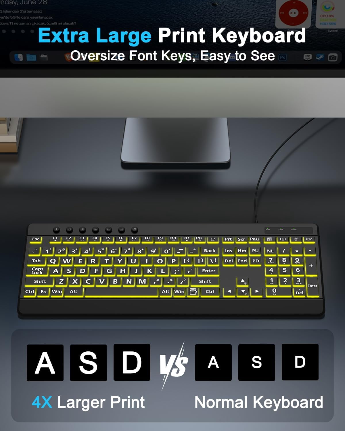 Large Print Backlit Wired Keyboard, Light Up USB Keyboard with 7-Colors Backlight, Oversize Letters Keys Full Size Computer Compatible for Windows, Laptop, PC