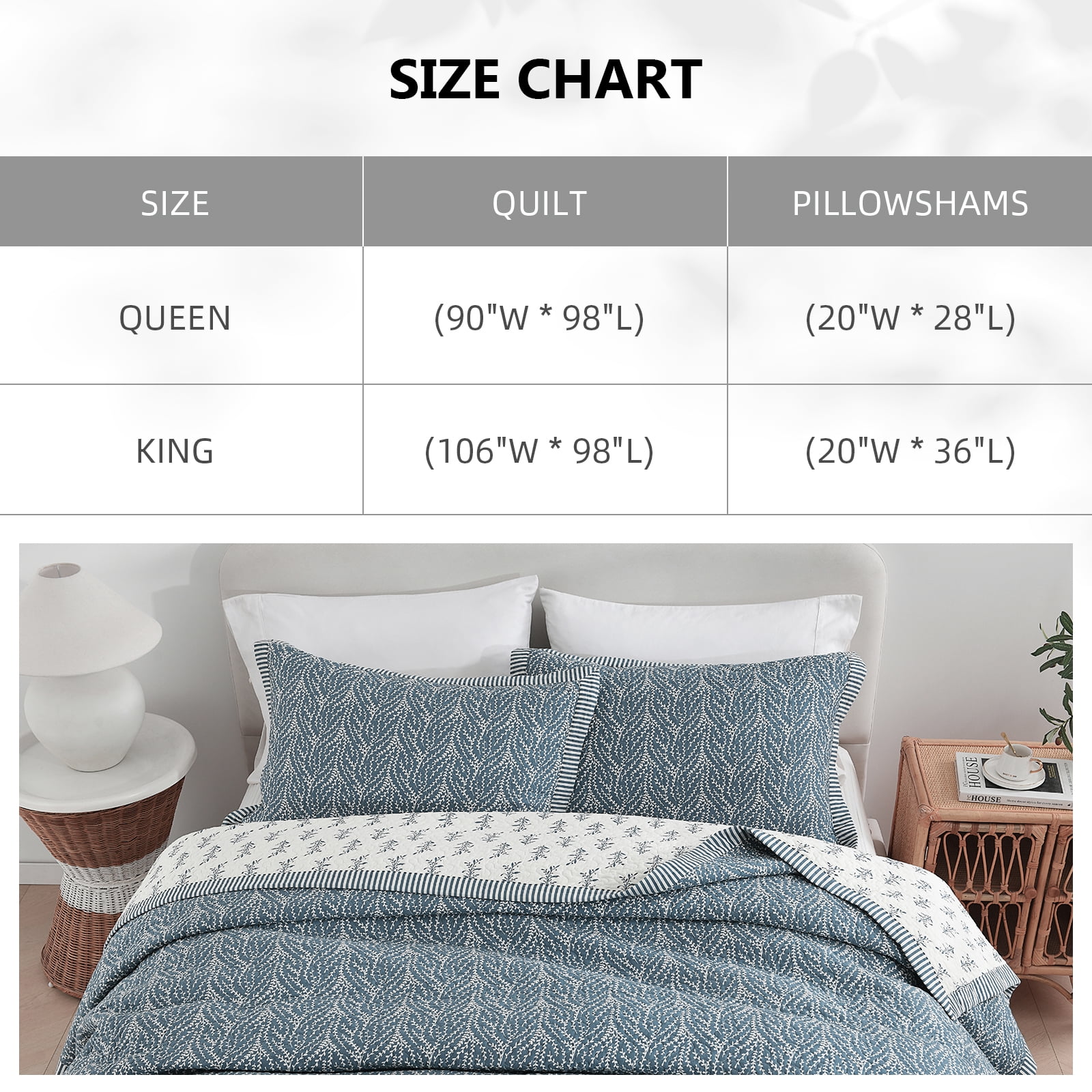 PANGUSHAN 100% Cotton King Quilt Set, Farmhouse King Size Quilt Bedding Set Bedspreads, Reversible Botanical Patterns Quilted Lightweight Comforter, Grayish-Blue/White Bed Spread for King Bed