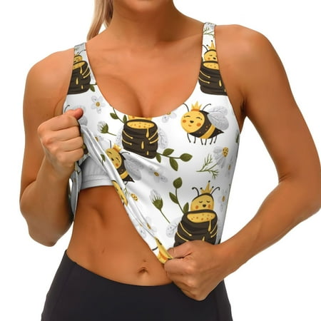 Qokaie Honey Bee Insect Pattern Womens Scoop Neck Sports Bra Breathable Workout Vest Padded U Back Medium Impact Fitness Gym Yoga Bra Workout Crop Top