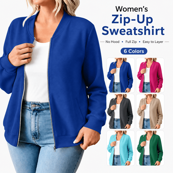 LLYWEY Women's Fleece Zip Up Sweatshirt Jacket No Hood, Long Sleeve Casual Fall Outerwear with Side Pockets, Blue, M