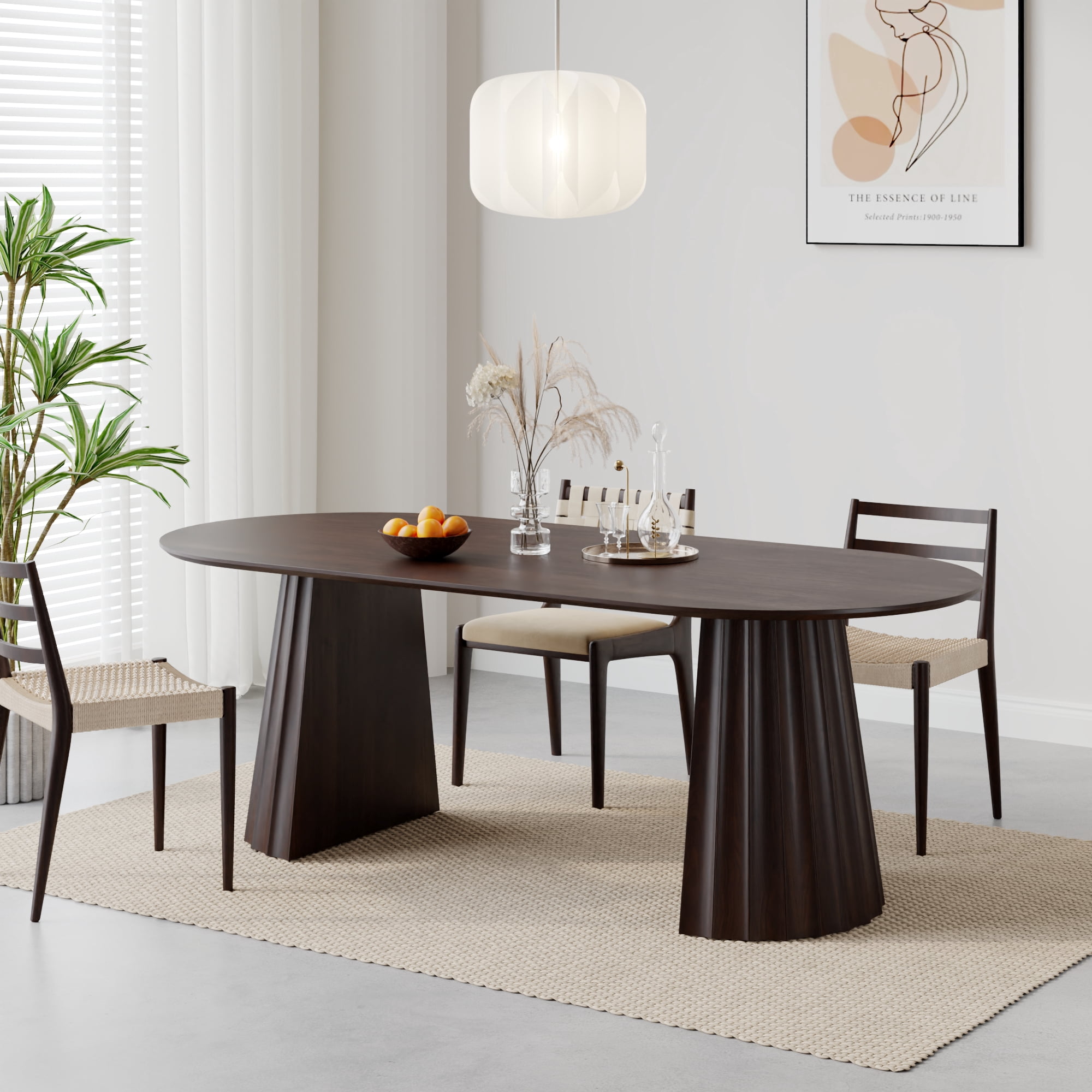 MAYEERTY 79*33.5*30"Oval Walnut Dining Table with Beveled Edge Top & Concave Wide-Striped Cone Split Base