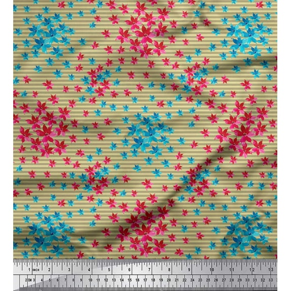 Soimoi Beige Moss Georgette Fabric Stripe & Clematis Floral Print Fabric by the Yard 42 Inch Wide