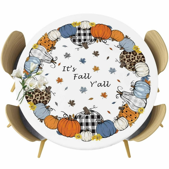 Leopard Print Orange Blue Pumpkin Round Tablecloth 45-54 Inch Round Fitted Table Cloth with Elastic Edge, Fall Thanksgiving Waterproof Table Cover Protector for Outdoor Picnic Party Dining
