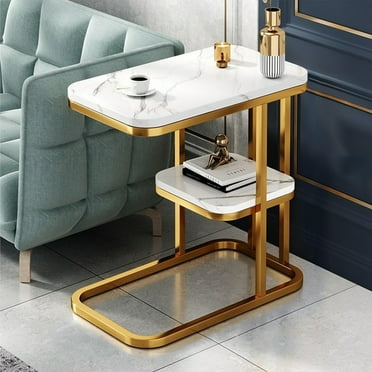 ​​Modern Luxury Square Side Table - Gold Metal Frame with Double White Shelves, 50x30x58cm - C-Shaped End Table for Couch, Sofa, Bed, Living Room & Bedroom, Small Spaces, TV Tray​​