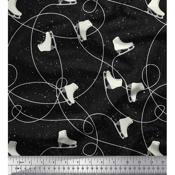 Soimoi Black polyester Crepe Fabric Ice Skates Travel Printed Fabric 1 Yard 52 Inch Wide