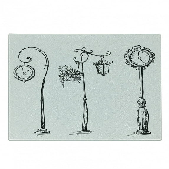 Lantern Cutting Board, Classic Street Clocks Architectural Urban Devices Luminousness Drawing, Decorative Tempered Glass Cutting and Serving Board, Small Size, Charcoal Grey White, by Ambesonne