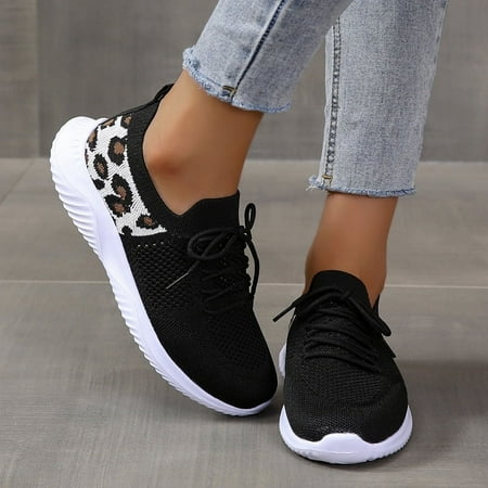 Women s Casual Sneakers  Flying Woven Leopard Pattern Breathable Lace-up Running Shoes  Women s Footwear