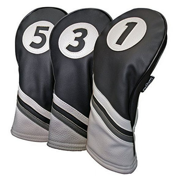 Golf Headcovers Black and White Leather Style 1, 3, 5 Driver and Fairway Head Covers Fits 460cc Drivers