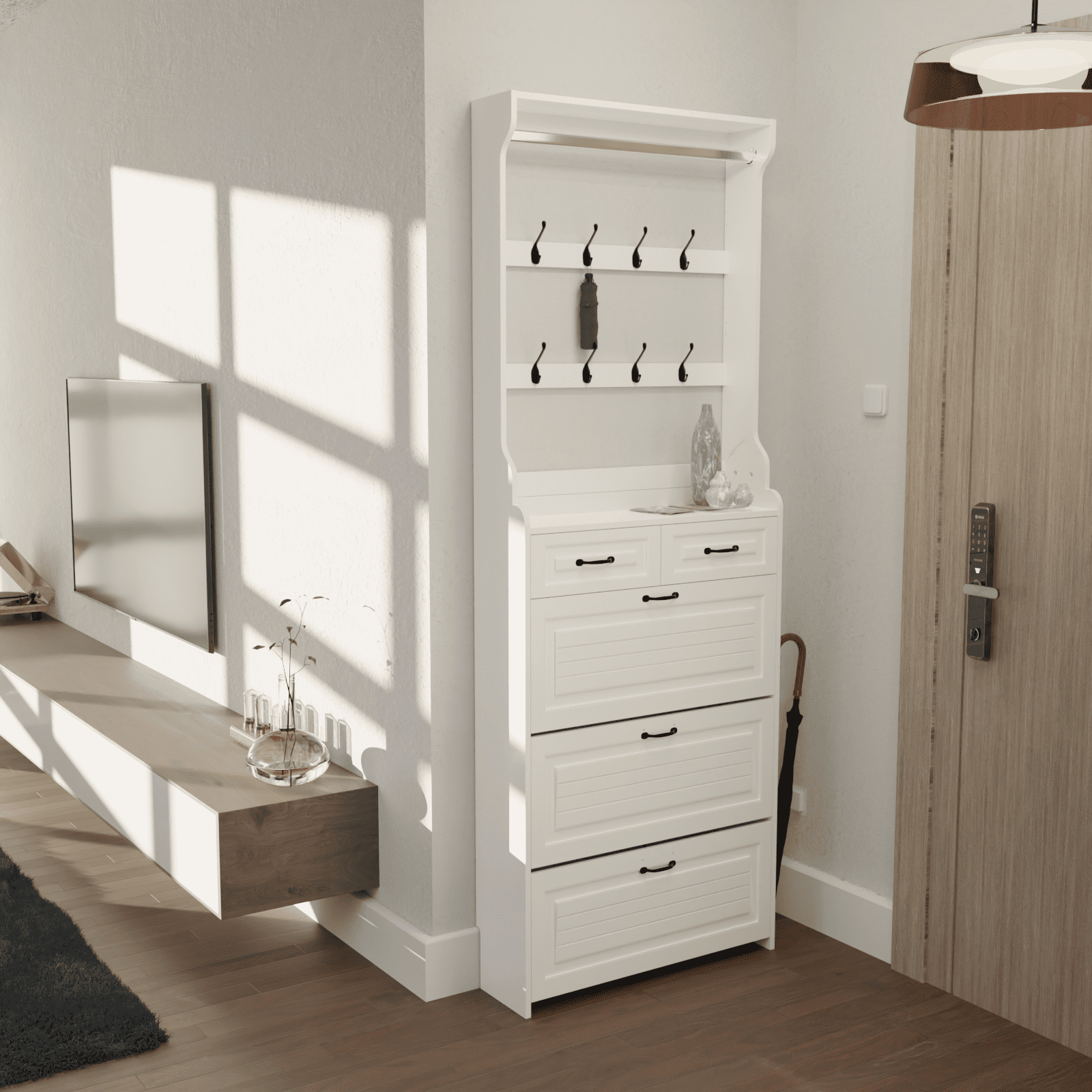 PORKISS Shoe Cabinet, Wooden Shoe Rack with 3 Doors and 2 Drawers,  Modern Tall Storage Organizer Hold to 28 Pairs Shoe for Entryway, White