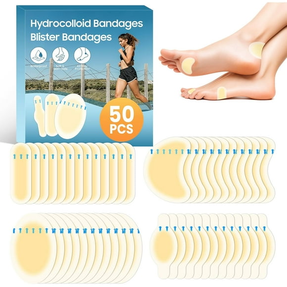 Hydrocolloid Bandages, 50Pcs Blister Bandages for Feet - Waterproof Blister Pads Blister Cushions for Heel and Toe Protection, 4 Shape Blister Bandaids Variety Pack for Blister Prevention,A