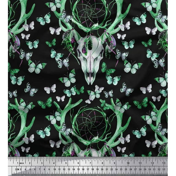 Soimoi Green Cotton Duck Fabric Insect,Dream Catcher & Reindeer Face Animal Print Sewing Fabric BTY 42 Inch Wide