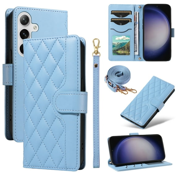 Crossbody Wallet Case for Samsung Galaxy S24, Credit Card Slots Elegant PU Leather Magnetic Closure Shoulder Strap Purse Phone Case Flip Kickstand Full Body Protection Cover for Women Girls, Blue