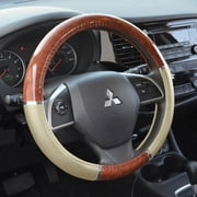 BDK Dark Wood Grain Car Steering Wheel Cover, Standard 15 inch with Beige Faux Leather Grip, Made to Fit Most Auto Truck Van SUV