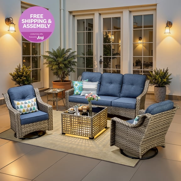 Ovios 5 Pieces Outdoor Patio Furniture Set High-Back Rattan Wicker Conversation Set Outdoor Sectional with Swivel Chairs & Solar Light Coffee Table, Denim Blue