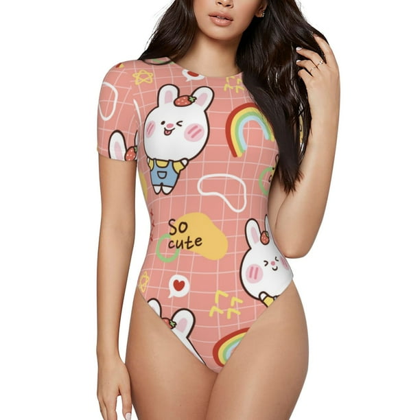 Balery Rabbit So Cute Body de cuello redondo de manga corta para mujer Tops de manga corta Tops básicos-Medium