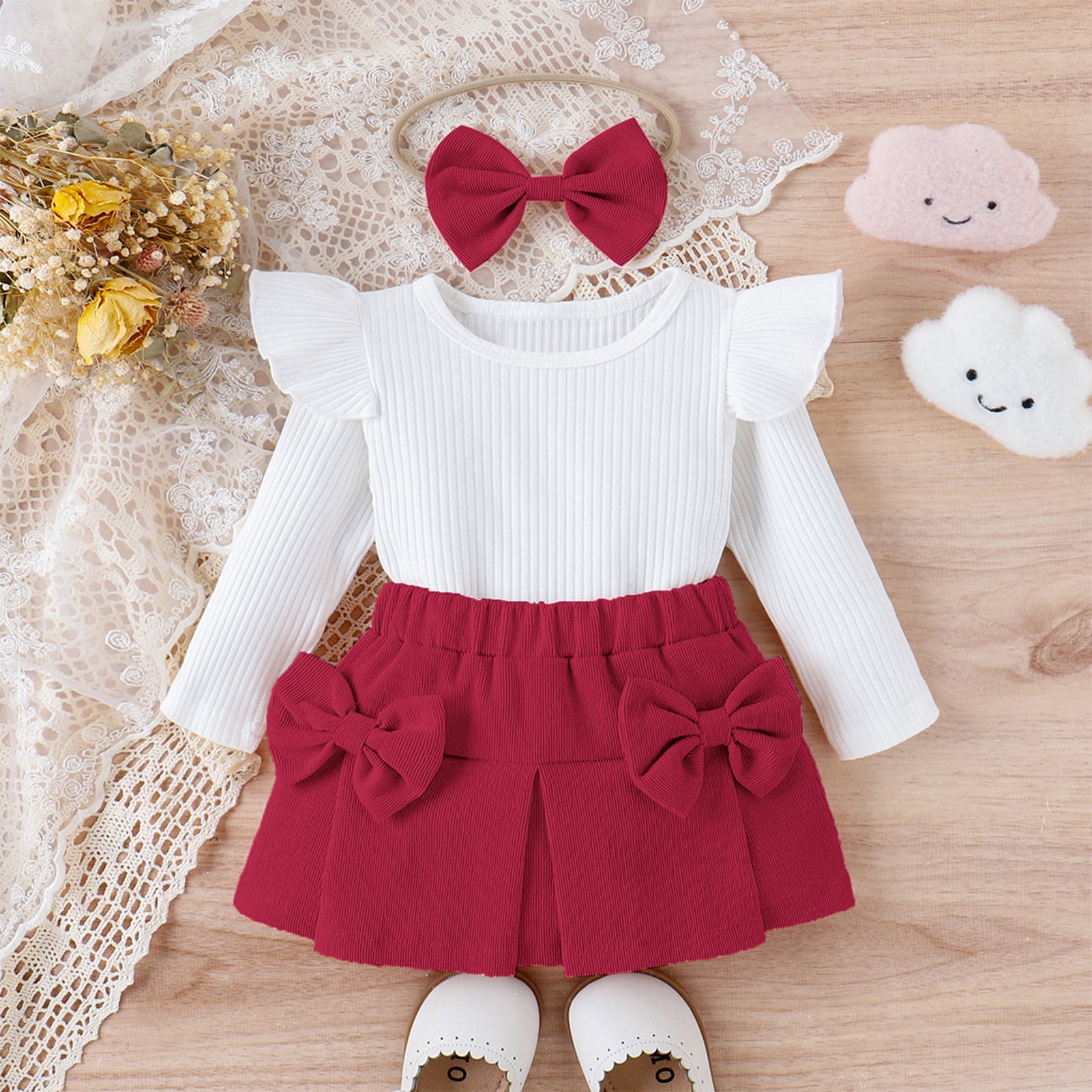 IWEMEK Girl's Fall Winter Clothes Casual Trendy Long Sleeve Ruffle Tshirt Red Mini Skirt Family Photo Autumn Suit 1-2T