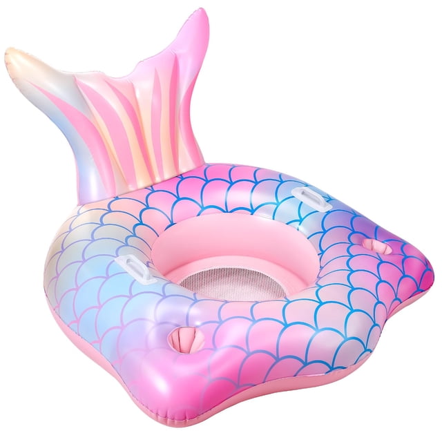 Flotador inflable para piscina con forma de cola de sirena con portavasos para niñas