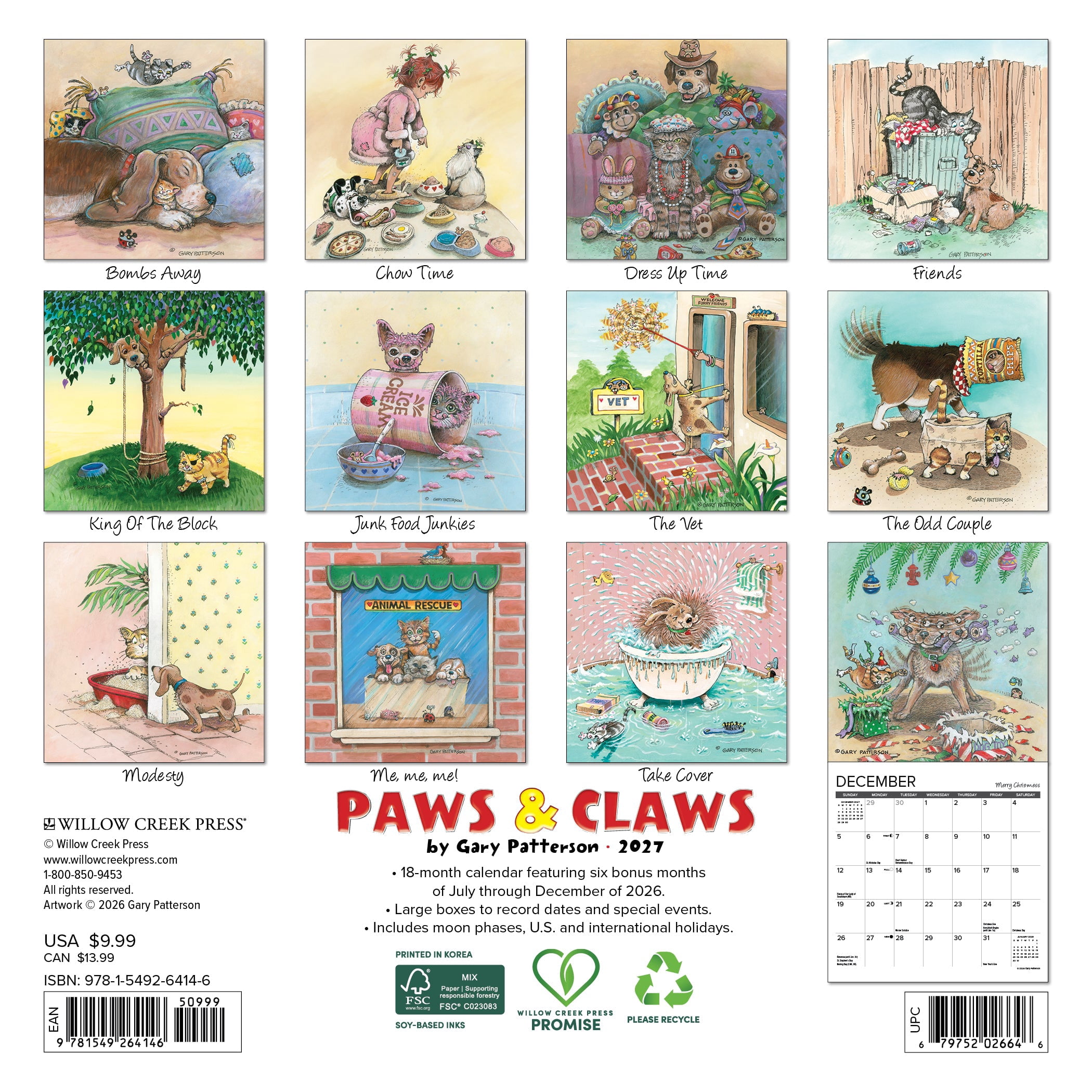 Willow Creek Press, Paws & Claws by Gary Patterson 2027 Mini Wall Calendar