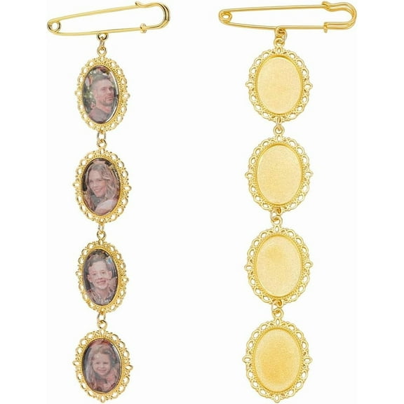 2Pcs Wedding Bouquet Memorial Remembrance Photo Charm DIY Photo Charm Oval Round Pin Brooch Making Kit Gold Holds 4 Pictures for Bride's Flowers or Lapel Mother of Bride or Groom