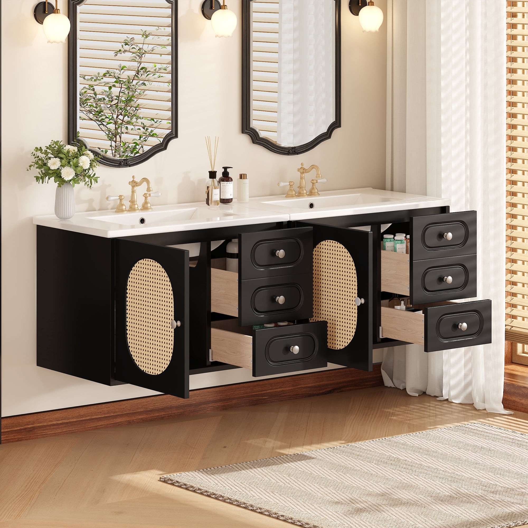 Euroco Mid-Century Modern Bathroom Vanity with Rattan Design, Soft-Close Drawers, Glossy Ceramic Basin, Premium MDF Storage Cabinet for Bathroom, 4-inch Faucet Compatibility
