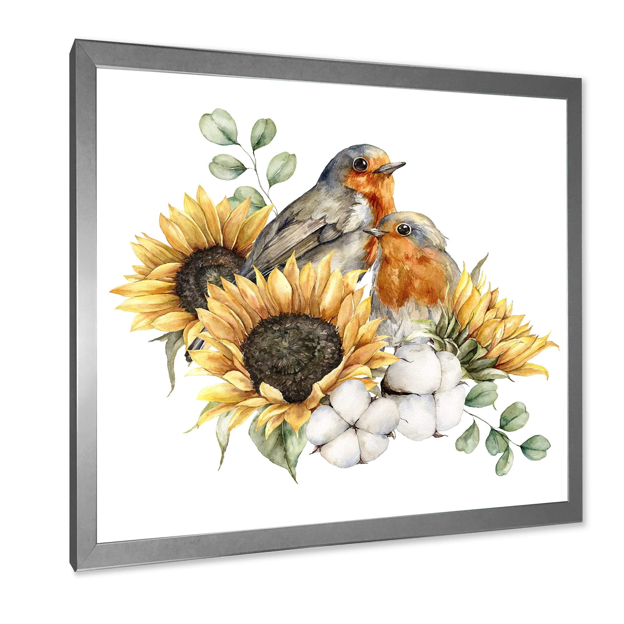 Designart 'Autumn Bouquet With Robin Redbreasts Sunflowers Cotton' Traditional Framed Art Print