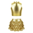 thumbnail image 5 of Aislor Kids Girls Sleeveless Crop Top with Sequins Skirted Shorts Set Salsa Samba Latin Jazz Dance Ballroom Costume Gold 14, 5 of 7