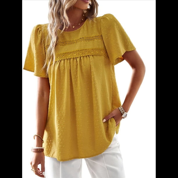 Blusas de Verano para Mujer, Cuello Redondo, Corta, Blusas Casuales de con Dobladillo de Encaje Fluido, Ropa de Moda 2025 Amarillo S