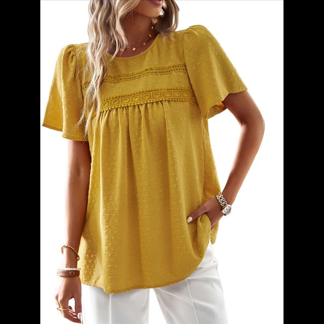 Blusas de Informales de Corta con Cuello Redondo y Dobladillo de Encaje para Mujer, Estilo Bohemio, de Verano, 2025 Amarillo XL