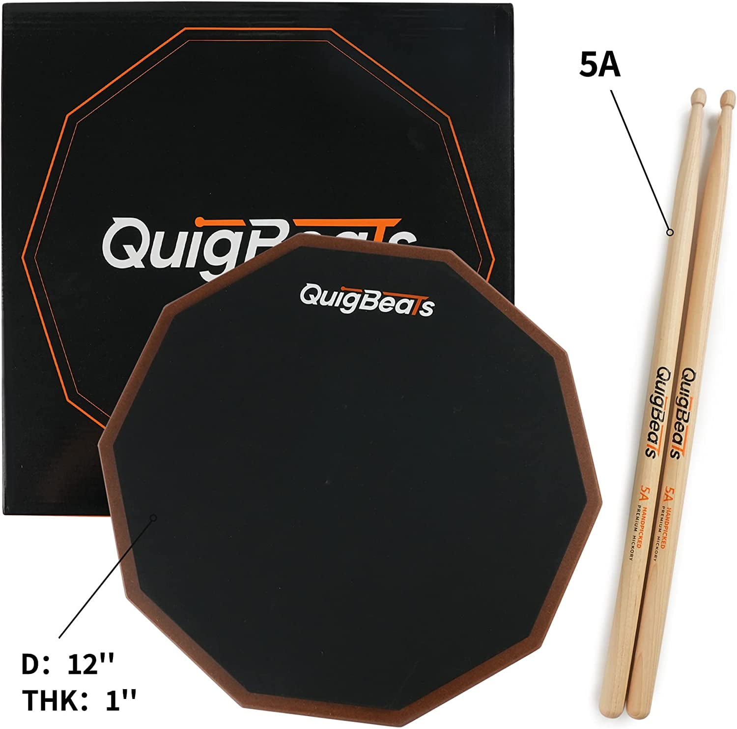 QuigBeats Drum Pad & Drum Sticks, Silent Drum Practice Pad with 5A Drumsticks, 12 Inch Single Side Drum Practice Pad - Walnut Pad&5A-A