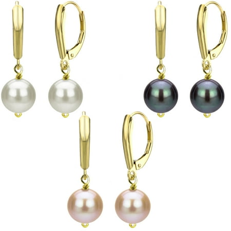 9-10mm Freshwater Pearl 14kt Yellow Gold over Sterling Silver Three-Pair Lever Back Earring Set