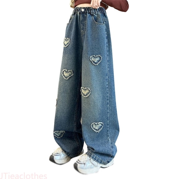 JTieacloth Cute Girls Jeans Pants Girls Pants Casual Wide Leg Jeans With Heart Korean Style Autumn Fashion Comfortable Stretchable Soft Fabric Outfit,Sizes 4-5 Years