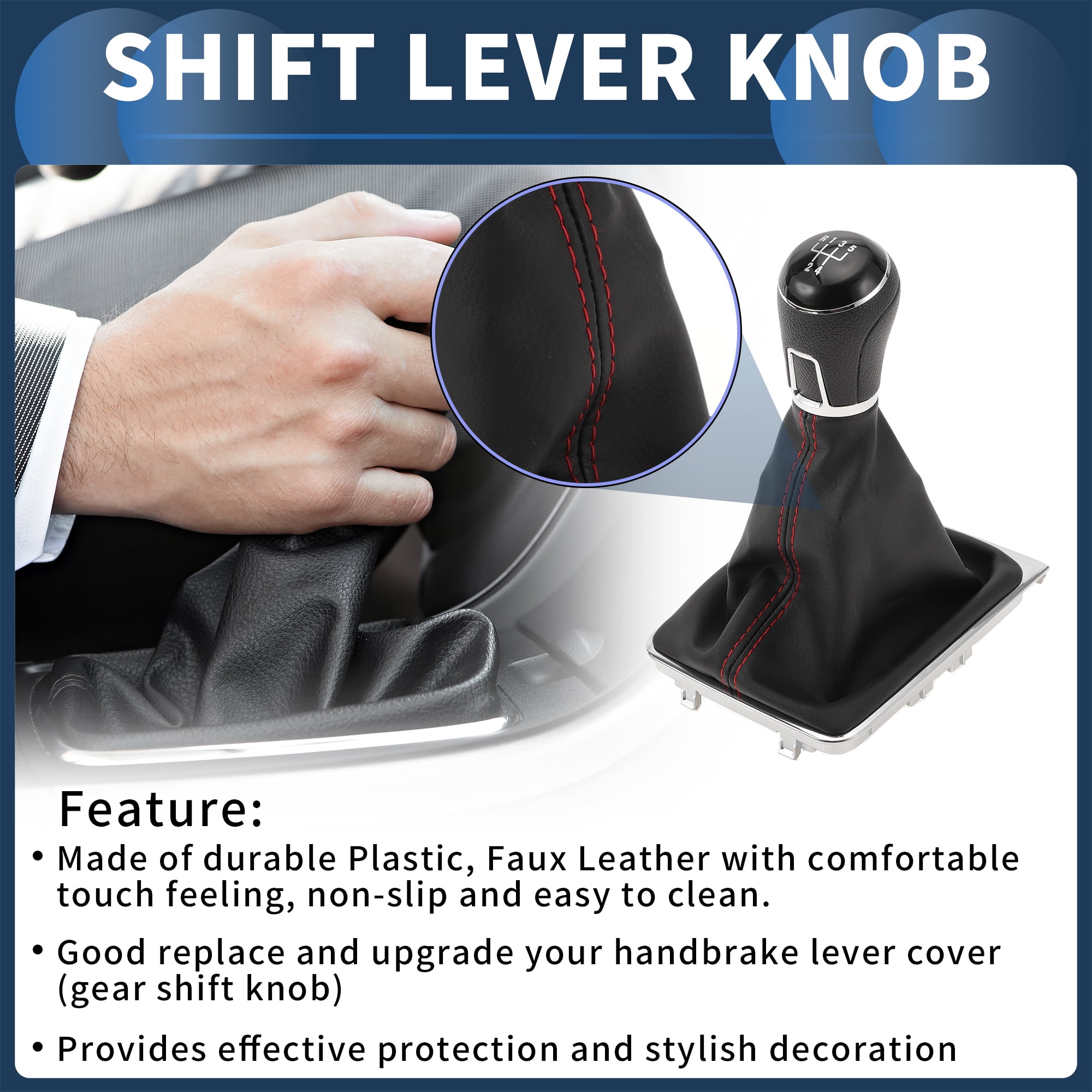 Unique Bargains 5 Speed Manual Gear Shift Knob with Cover, Gearbox Stick Shifter Lever Knob No.3AA711113A for VW Passat 2013-2021 Plastic Faux Leather Black Red, 1 Pc