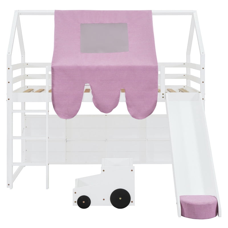 Twin Size Wooden Loft Bed with Slide and Ladder, House-Shaped Loft Bed Frame with Tent, Storage Shelves and Car-Shaped Storage Cabinet, Kids Playhouse Bed with Safety Handrails