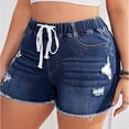 thumbnail image 6 of Women's Elastic Waist String High Waist Shorts Slim Hole Wash Jeans Shorts Drawstring Plus Size Casual Shor Blue L, 6 of 6