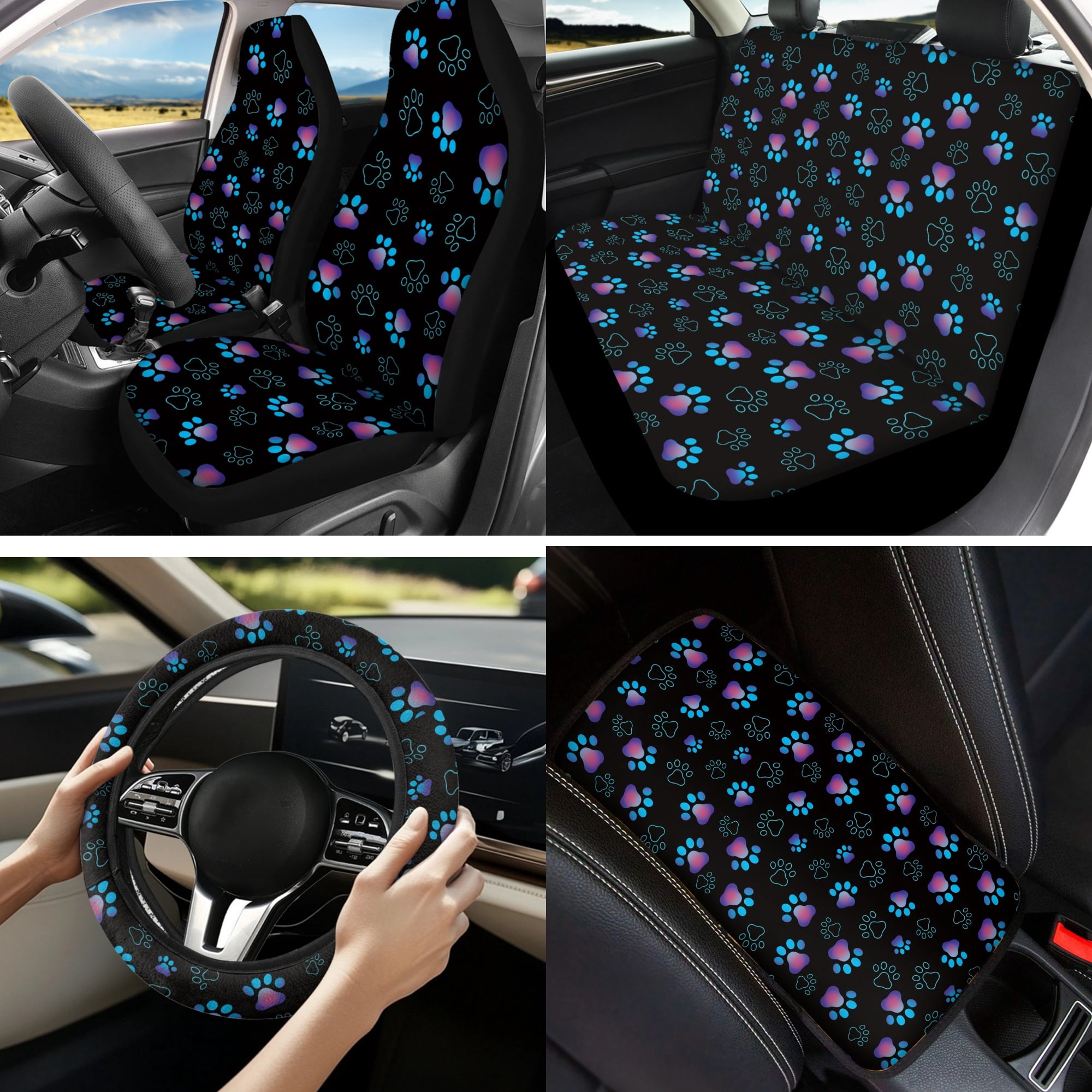 Jeiento Dog Paw Print Car Seat Cover Set for Front and Rear, Cute Auto Interior Accessories Full Set for Women Men Car Seat Protective Universal Fits for Cars, SUV, Truck, Sedan, Van