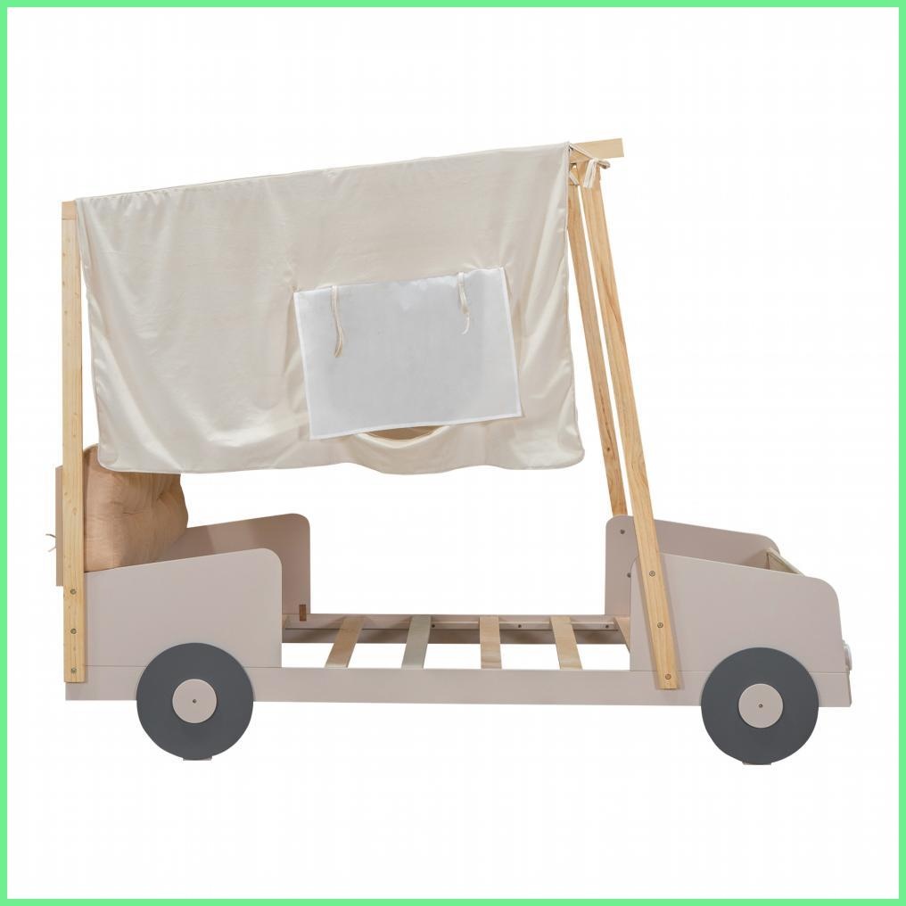 Twin Size Pine Wood Car Platform Bed with LED Lights Pillow Ceiling Cloth - No Box Spring Needed - Natural for Youth Bedroom