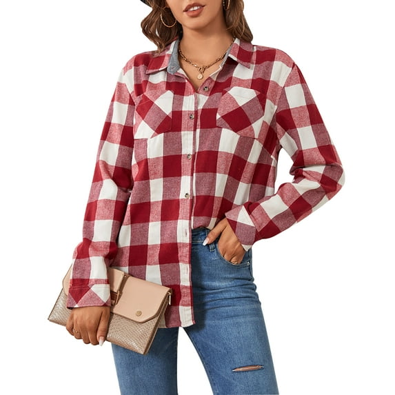 Alex Vando Plaid Flannel Shirts for Women Long Sleeve, Oversized Womens Casual Flannel Button Down Shirts Blouses Tops,WineWhite S
