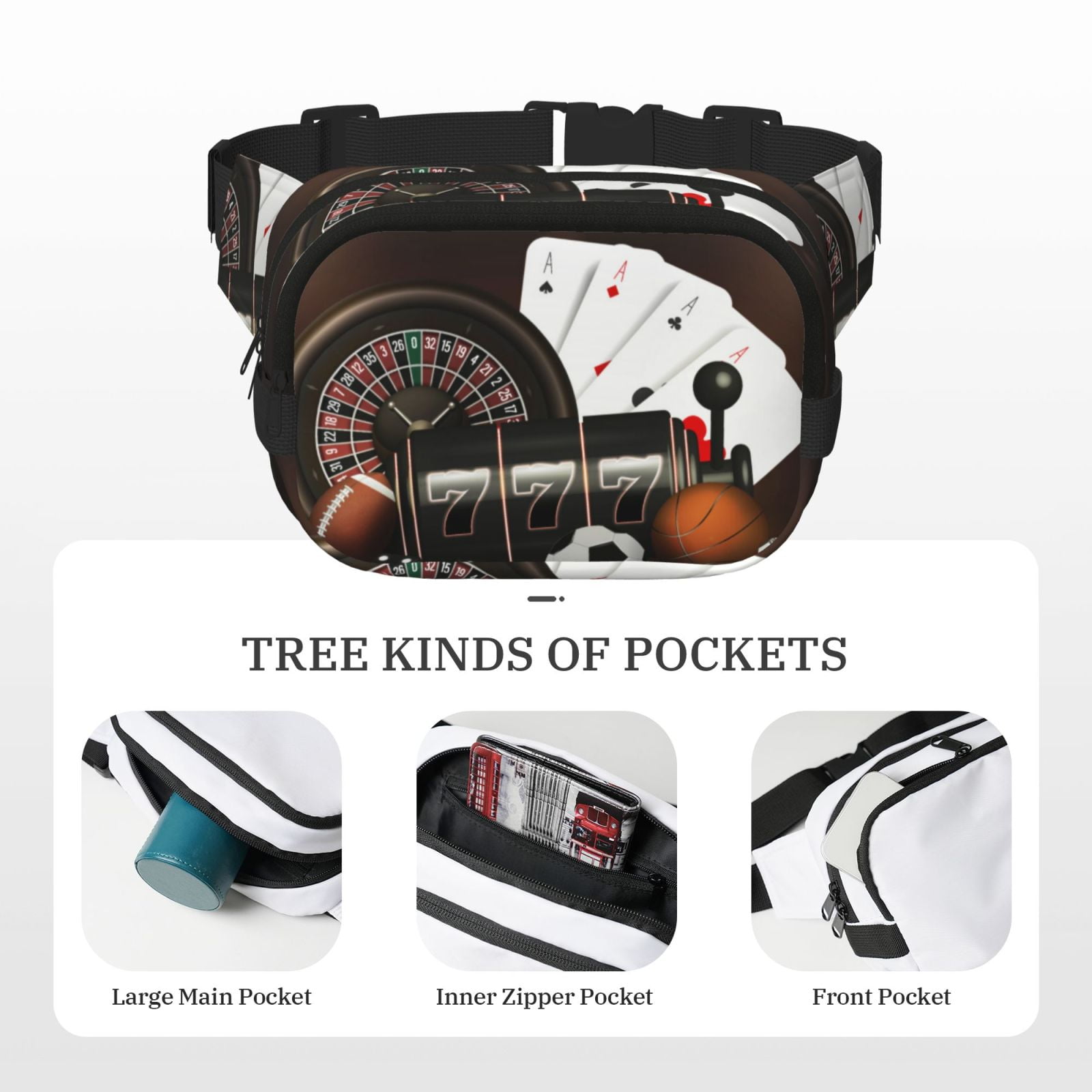 Picia Casino And Sports Print Square Double-Layer Waist Bag Mini Adjustable Waist Belt Bag Exercise Running Travel Hiking