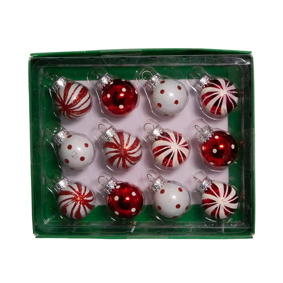 Kurt S. Adler 25MM Miniature Red and White Glass Ball Ornaments, 12-Piece Box Set