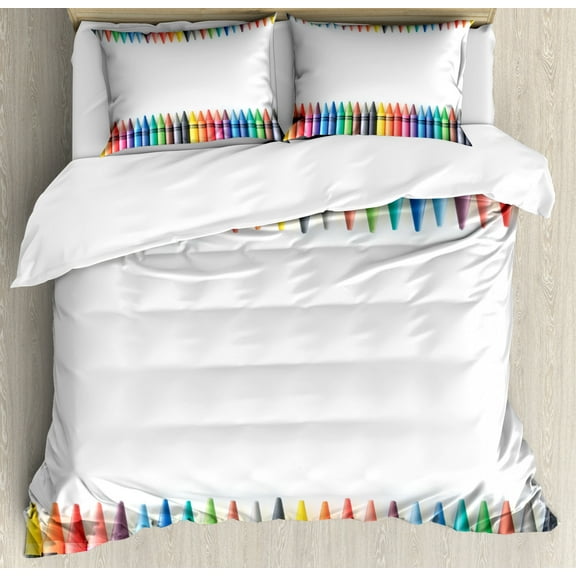 Crayon Duvet Cover Set Queen Size, Top and Bottom Symmetric Straight Border Children's Painting Crafts Simple Photo, Decorative 3 Piece Bedding Set with 2 Pillow Shams, Multicolor, by Ambesonne