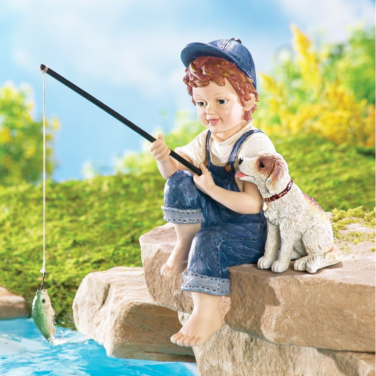 Collections Etc Little Boy and His Dog Fishing Outdoor Garden or Pond  Sculpture - Hand-Painted Garden or Home Decoration, Blue