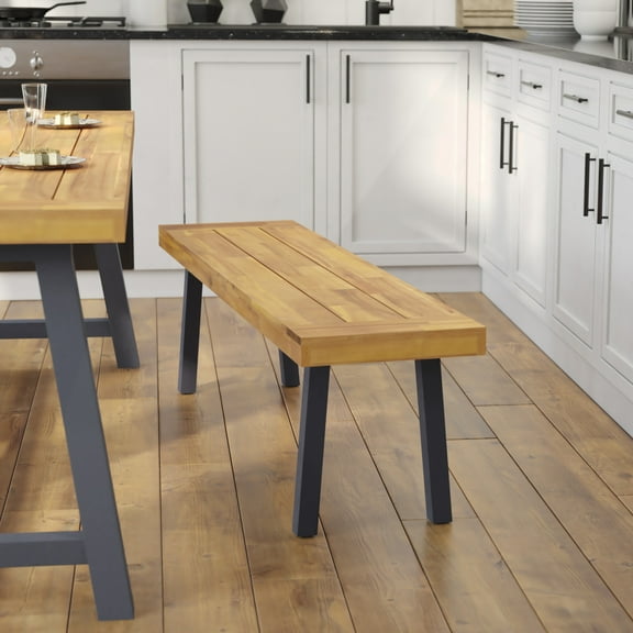 BizChair Solid Acacia Wood Patio Dining Bench for 2 with Slatted Top and Black Flared Wooden Legs in a Natural Finish