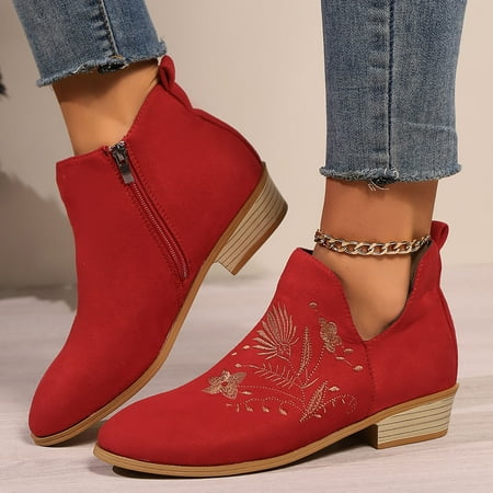 

UIX Fashion Women Flock Autumn Square Heels Zipper Flower Embroidery Short Booties Round Toe Shoes